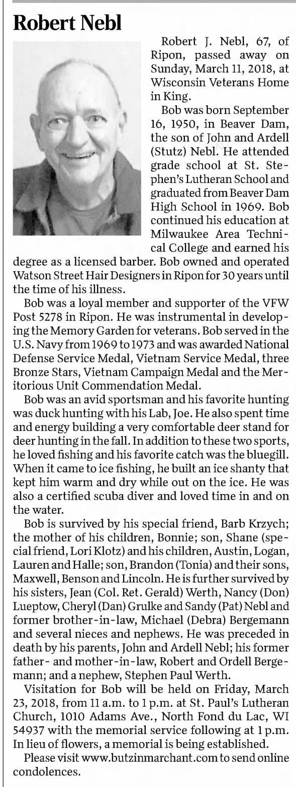 Robert J Nebl Obit Mar 2018